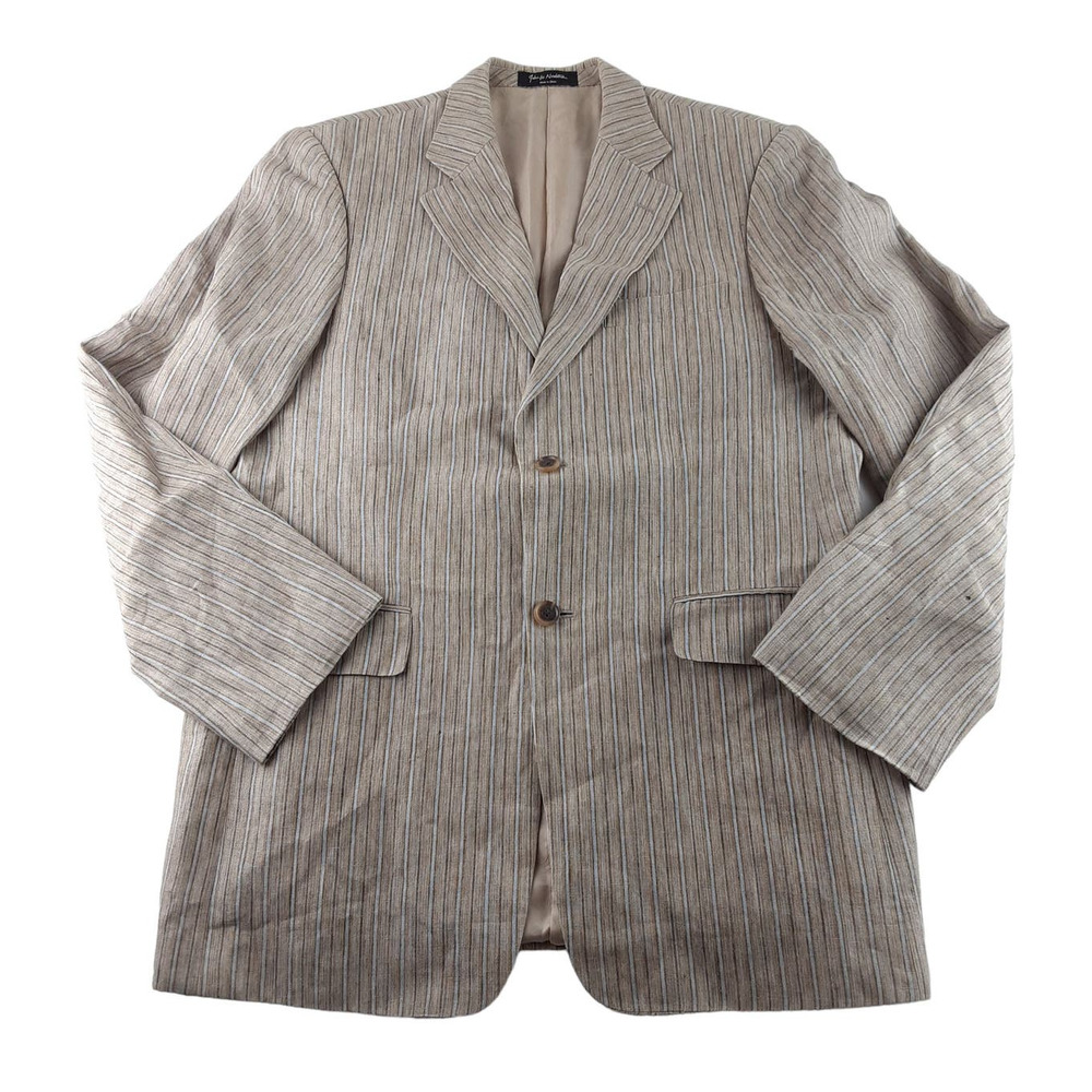 John W Nordstrom Men's Tan Blue Stripe 100% Linen Blazer Sportscoat Lined 40R
